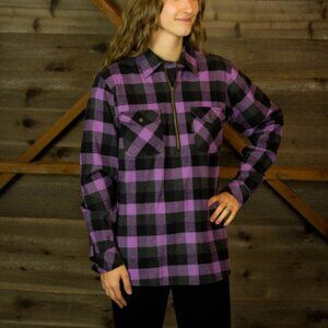FiveBrother Ladies 1/2 Zip Front Flannel Pullover - Purple Plaid - M